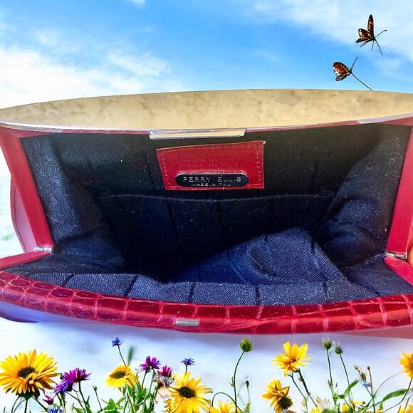 Perry Ellis Red Leather Vintage Clutch Handbag Chrome Croc Print Italy - Picture 8 of 15